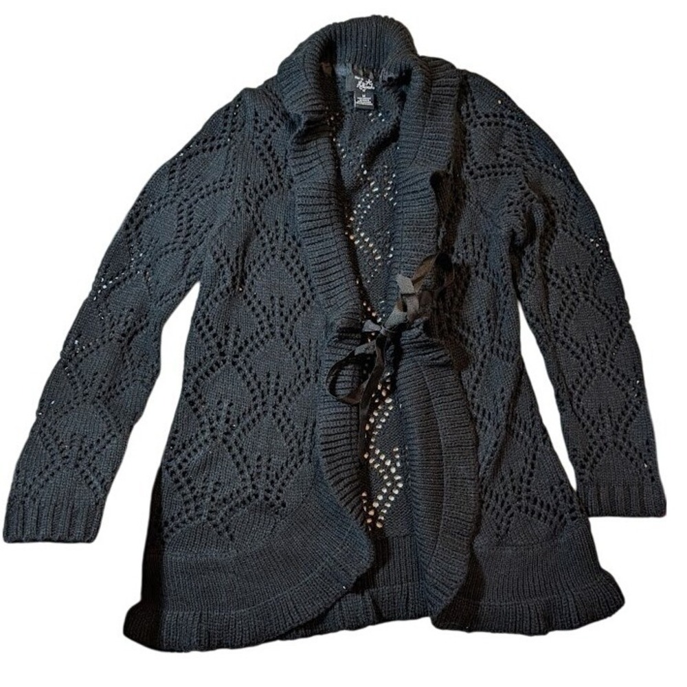 Hot‎ in Hollywood Black Ruffle Crochet Knit Cardigan Tie Front Medium